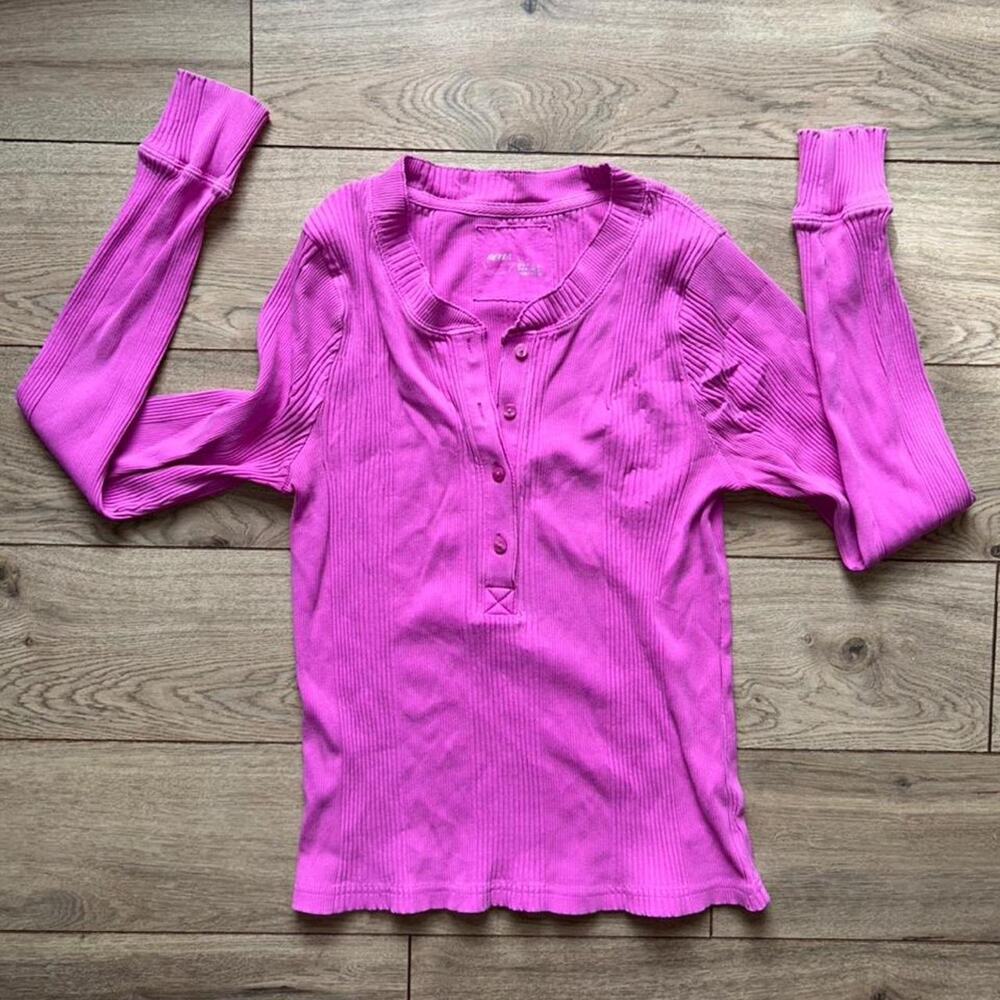 aerie Ribbed Henley Long Sleeve Top in Bright Pink